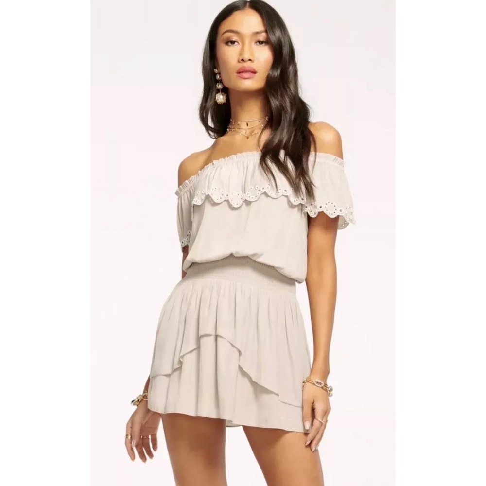 New Ramy Brook Women XXS Cynthia Dress Off the shoulder Smocked‎ Flax Resortwear